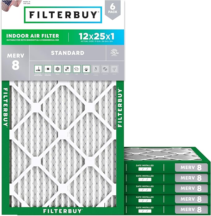 Filterbuy 12x25x1 Air Filter MERV 8 Essential Dust & Allergy Defense (6-Pack), Electrostatic Pleated HVAC AC Furnace Filters Replacement, Made in USA (Actual Size: 11.75 x 24.75 x 0.75)