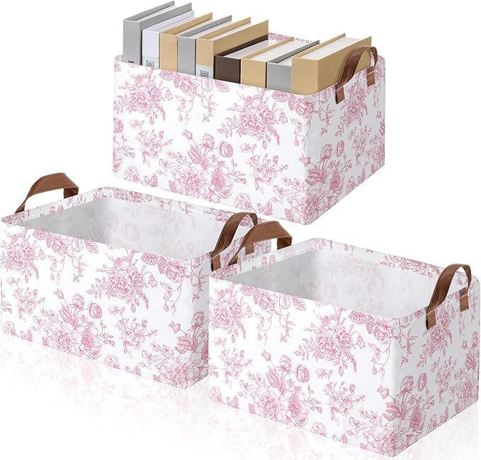 Boao 3 Pcs Pink Flower Foldable Storage Baskets Pink Hydrangea Laundry Basket with Handles Waterproof Storage Bins Fabric Shelf Baskets for Organizing Closet Clothes