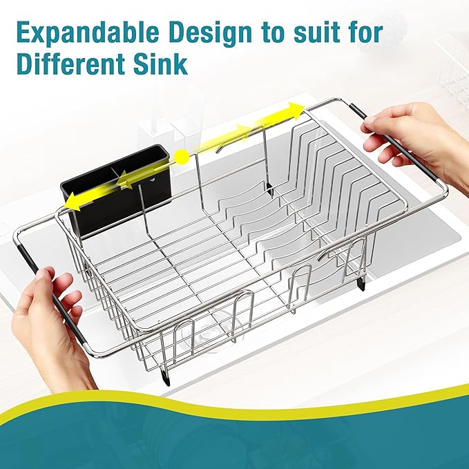 JASIWAY Dish Drying Rack in Sink, Expandable Stainless Steel Dish Drainers for Kitchen Counter, Dish Dryer Rack for Inside Sink, Over The Sink Dish Racks with Utensil Holder, Silver