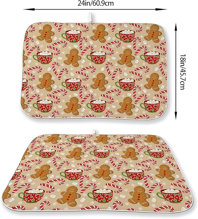 Christmas Dish Drying Mat 18x24 Inch Winter Brown Gingerbread Man Dish Drainer Protector Pad for Kitchen Counter Absorbent Marshmallow Candy Xmas Drying Pad for Drainer Rack Kitchen Fast Dry