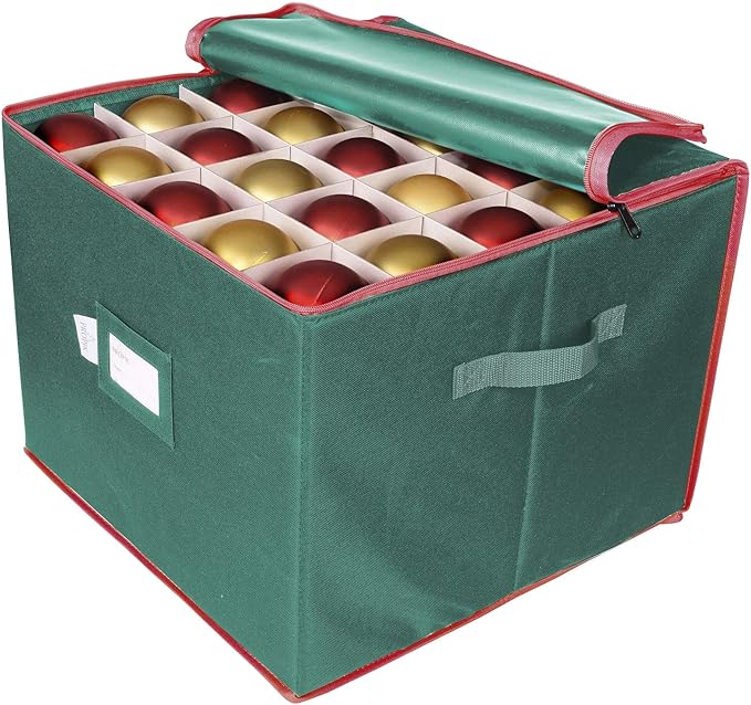 ProPik Large Christmas Ornament Storage Box, Organizer Holds Up to 75 Xmas Ornaments Balls, Holiday Decorations Accessories Storage Container with Dividers, Durable 600D Oxford (Green)