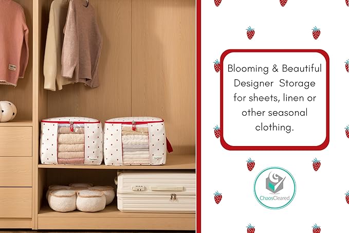 Canvas Storage Bags Designer Organizer 2 Pack – Seasonal Storage for Sweaters, Blankets, Linens & Garments – Foldable Design with Zip & Window, Moth-Proof Space Saver, Strawberry Print