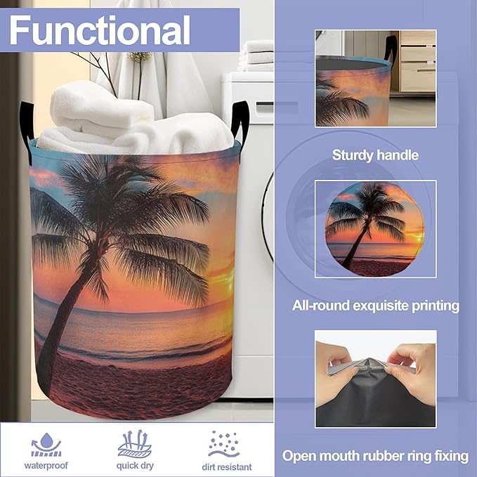 Laundry Basket, Sunset Beach Oxford Cloth Laundry Hamper With Handle Foldable Portable Clothes Storage Basket Storage Bag For Laundry Room/Bathroom/Bedroom/Dormitories