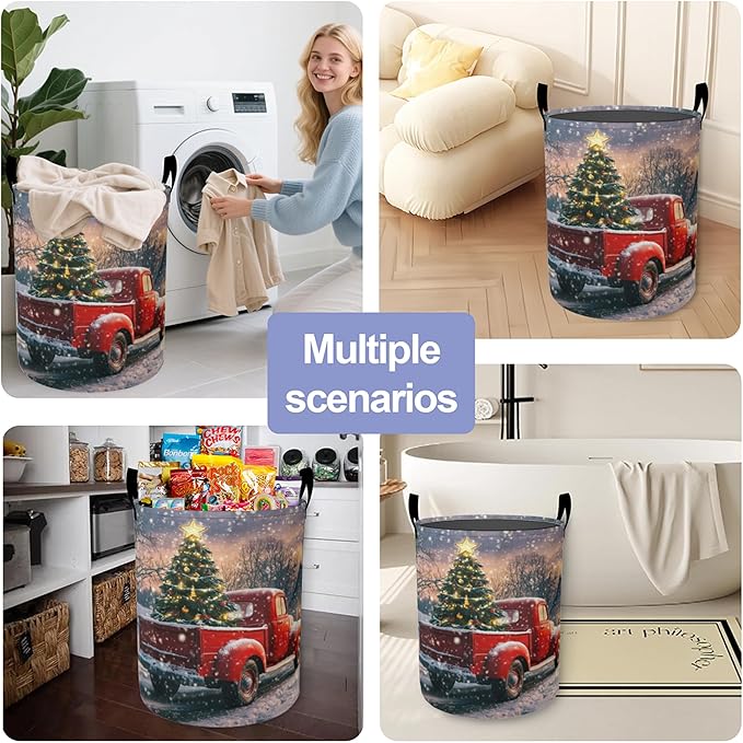 Christmas Laundry Basket, Retro Truck Tree Oxford Cloth Laundry Hamper With Handle Foldable Portable Clothes Storage Basket Storage Bag For Laundry Room/Bathroom/Bedroom/Dormitories