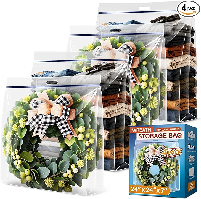 Extra Large Wreath Storage Bag, 24"x24"x7", Clear Storage Bag with Handle, Summer Christmas Decoration Garland Container for Seasonal Thanksgiving Holiday Artificial Wreath, 4 Pack
