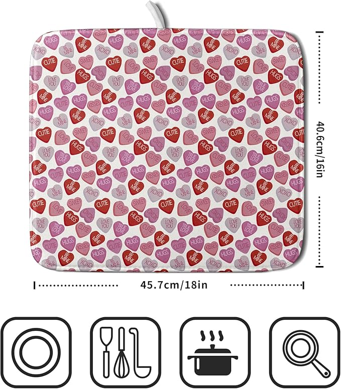 Valentine’s Day Dish Drying Mat for Kitchen Counter 18x16 Inch Pink Love Drying Mat with Absorbent Reversible Microfiber Holiday Dish Drainer Mats Rack Pad for Coffee Countertop Protector