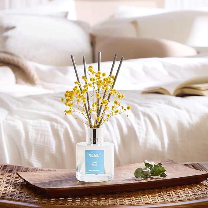 Airkeep Reed Diffuser Set,3.38 fl oz (100 ml) - Lime Basil Oil Diffusers with 8 Reed Sticks, Home Fragrance Reed Diffuser for Bathroom Shelf Decor
