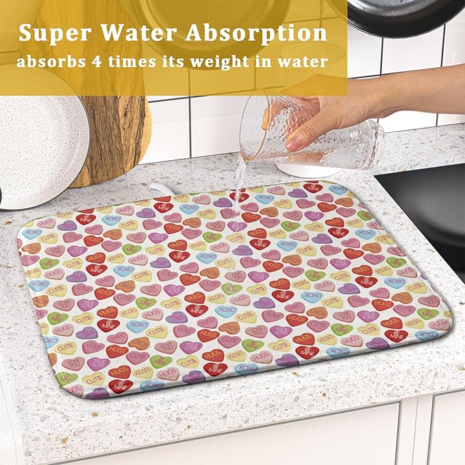 Valentine’s Day Dish Drying Mat for Kitchen Counter 18x16 Inch Colorful Love Drying Mat with Absorbent Reversible Microfiber Holiday Dish Drainer Mats Rack Pad for Coffee Countertop Protector