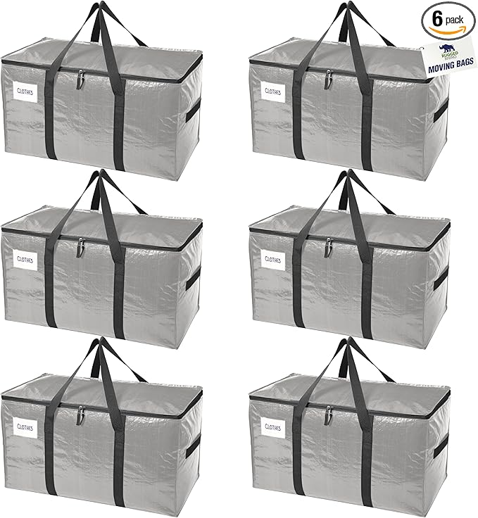 RUGGED RHINO 6 Pack Heavy Duty Extra Large Moving Bags, Durable Bag with Strong Handles and Zipper, Moving Boxes Alternative for College Packing, Holiday Décor, Space Saving Storage with Label, Silver