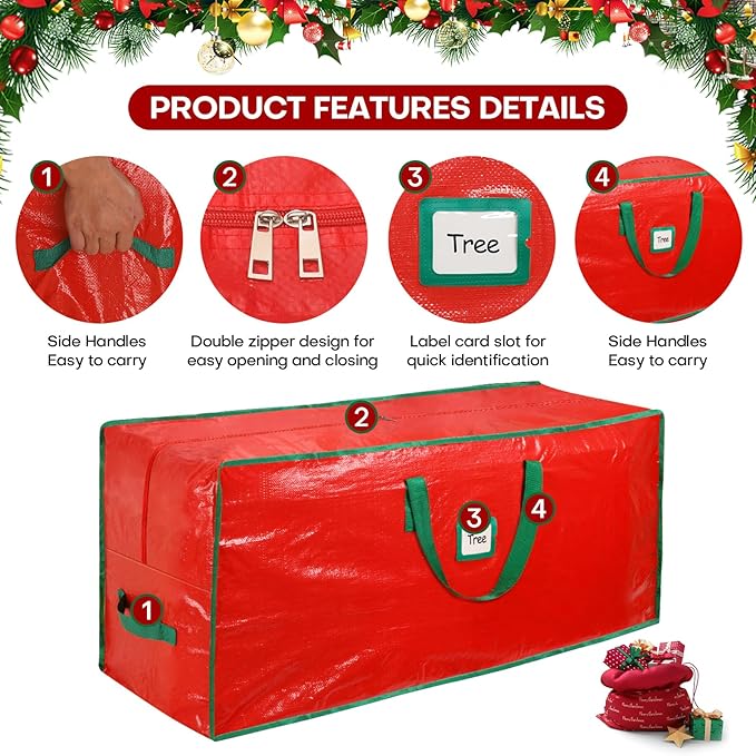 Christmas Tree Storage Bag, For 9ft Disassembled Xmas Tree, Heavy Duty Christmas Tree Storage Bag with Sturdy Handles, Tag Card Slot, Zipper, Dust-Resistant and Water-Resistant（Red）