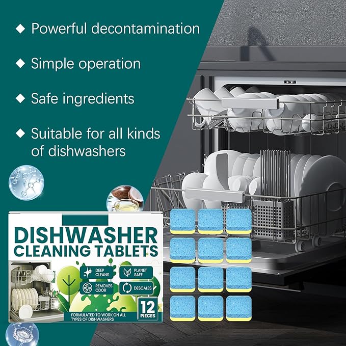 Dishwasher Cleaning Tablets, Deep Clean & Odor Removal, Works on All Types of Dishwashers, 12 Tablets