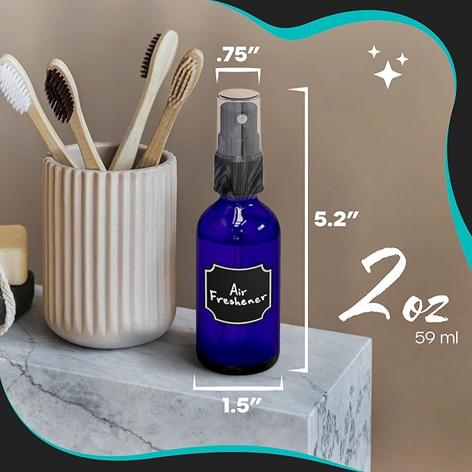 Nevlers Small Spray Bottle 2 Oz 48 Pack | Blue Glass Spritzer Bottles | Mini Spray Bottle Mist Set w/Labels, Marker, Funnel, Brush & Shrink Wrap | 2oz Glass Bottles for Oils, Scents & Travel Use