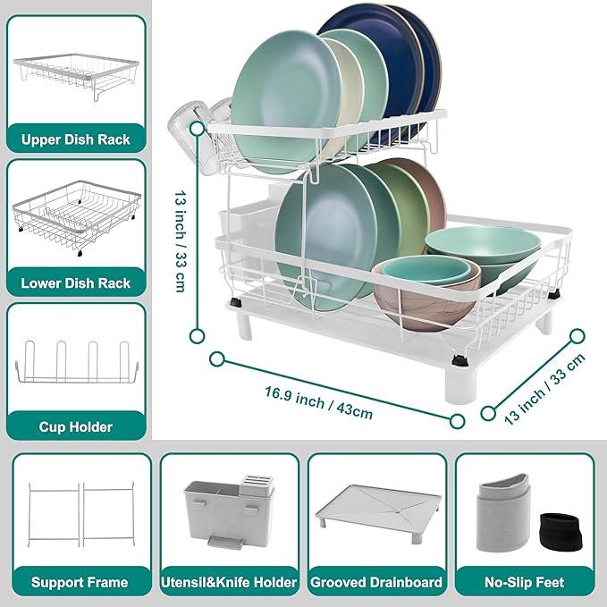 Goderewild 2-Tier Dish Drying Rack for Kitchen Counter,Space-Saving Dish Rack with Drainboard,Rustproof Countertop Dish Drainer with Utensil Holder for Sink,White