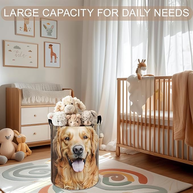 Golden Retriever Laundry Basket Hamper 19.7"x15.8", Cute Dog Foldable Waterproof Oxford Clothes Storage Bucket for Room Bathroom Bedroom Nursery Decor, Toy Organizer Bins Gifts for Kids Boys Girls
