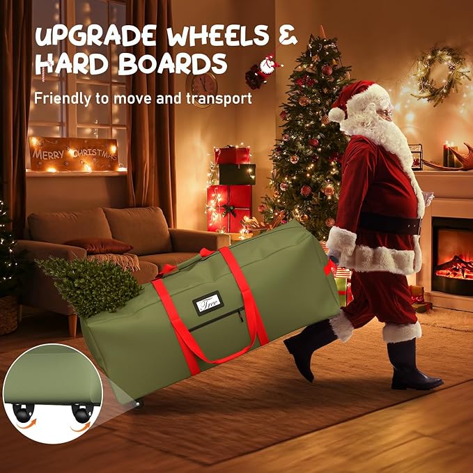 Mrrihand Christmas Tree Storage Bag, Large Artificial Anti-Tear Heavy-Duty 600D Oxford Cloth Xmax Christmas Tree Storage Box with Rolling Wheels, Christmas Tree Storage Container (Army Green&Red, 9Ft)