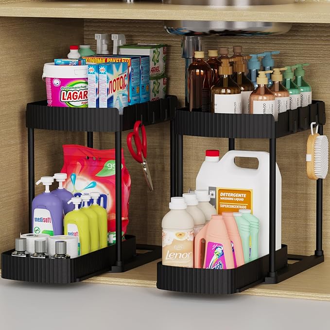 Multi-Purpose Pull-Out Storage Organizers, Under Sink/Cabinet Organizers and Storage for Bathroom & Kitchen, Black, 12.8 Inches, 2 Packs