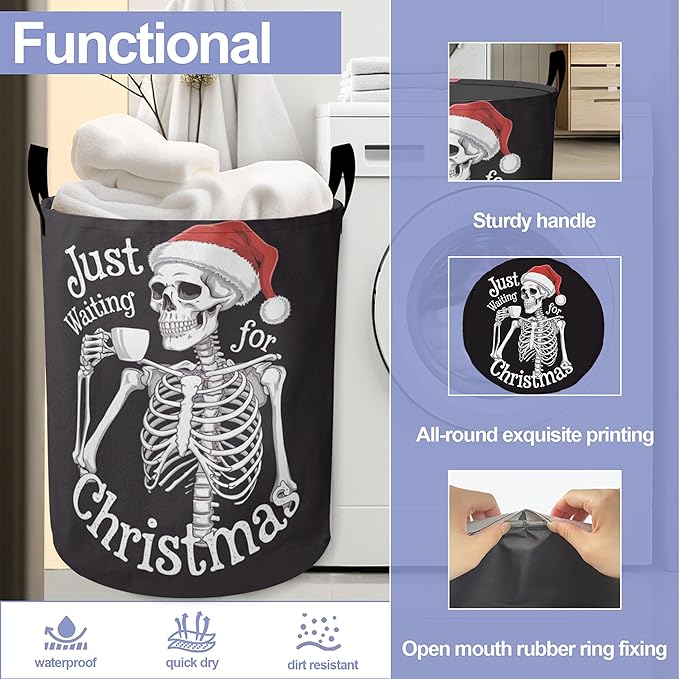 Christmas Laundry Basket-Funny Skeleton Large Foldable Hamper Holder Portable Tall Collapsible Laundry Hamper Storage Basket Bin with Handles, Canvas & Waterproof lining for Household Items