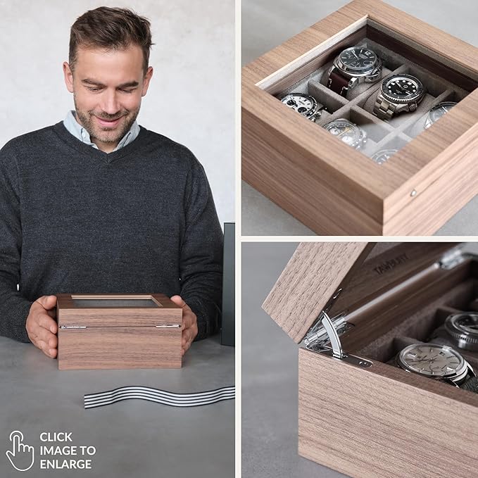 TAWBURY Wooden Watch Case - 6 Slot Wood Watch Box for Men & Women with Glass Display, Protective Fully Lined Interior and 2-inch Wide Pillows for Large Watches (Light Walnut)
