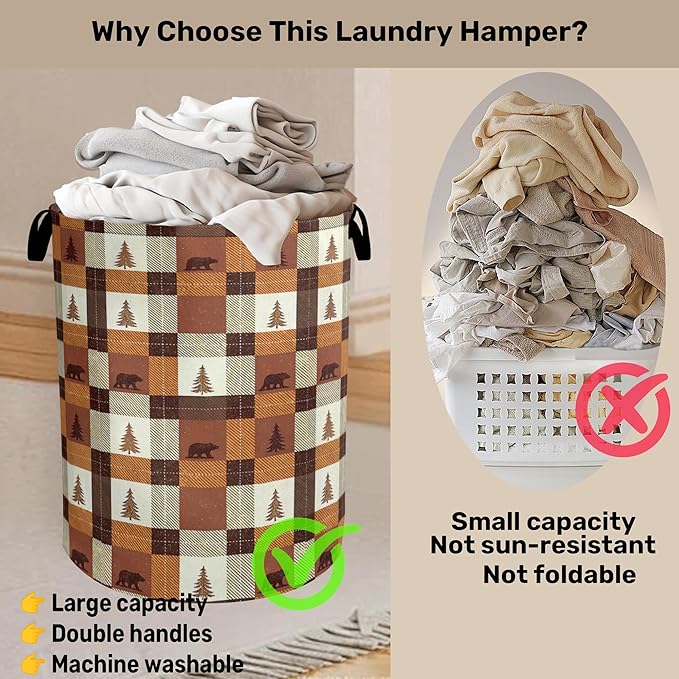 Forest Cabin Bear Laundry Basket with Handles - Extra Large Foldable Hamper for Bathroom/Laundry/Bedroom/Dorm, Washable Fabric Storage Bin