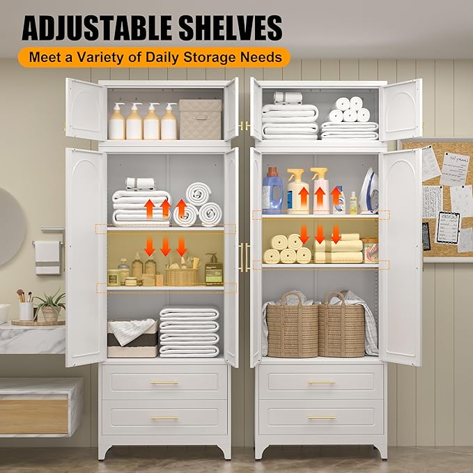 Metal Storage Cabinet with Doors and Shelves, 90" Tall Kitchen Pantry Storage Cabinets with 2 Drawer, White Pantry Closet, Steel Large Cupboard, High Leveling Feet- Assembly Required