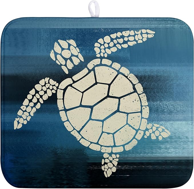 Wnoesat Sea Turtle Dish Drying Mat Summer Ocean Animal Dish Drainer Rack Mat 16 X 18 Inch Dark Blue Microfiber Absorbent Drying Mat for Kitchen Counter
