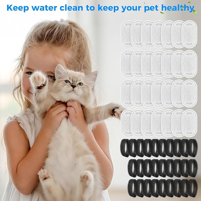 28+28 Pack Cat Water Fountain Filters, Pet Water Fountain Filters Replacement for Dog/Cat Stainless Steel Fountain 108oz/3.2L& 67oz/2L, 10 Months Set to Keep Drinking Fresh