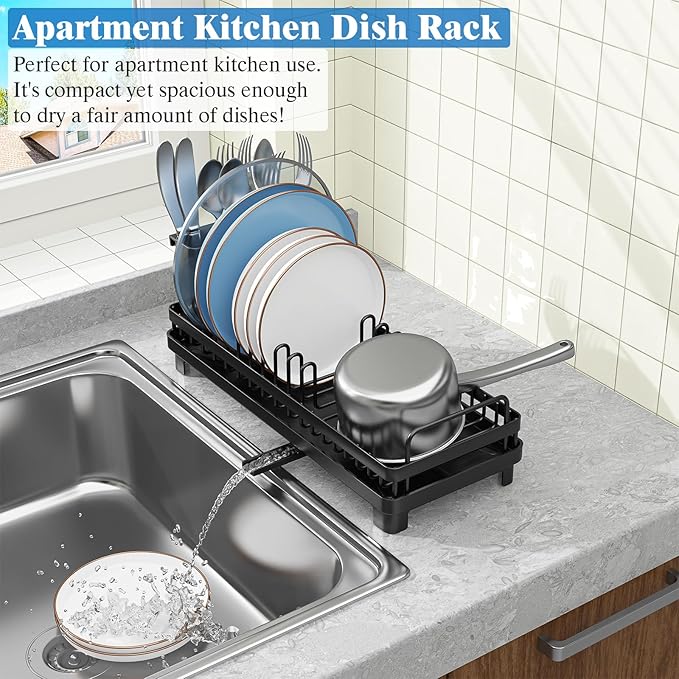 CHLORYARD Small Dish Drying Rack, Compact Sink Dish Drainer Plate Rack Organizer with Utensil Holder and Drainbaord for Kitchen Counter, RVs, Apartments