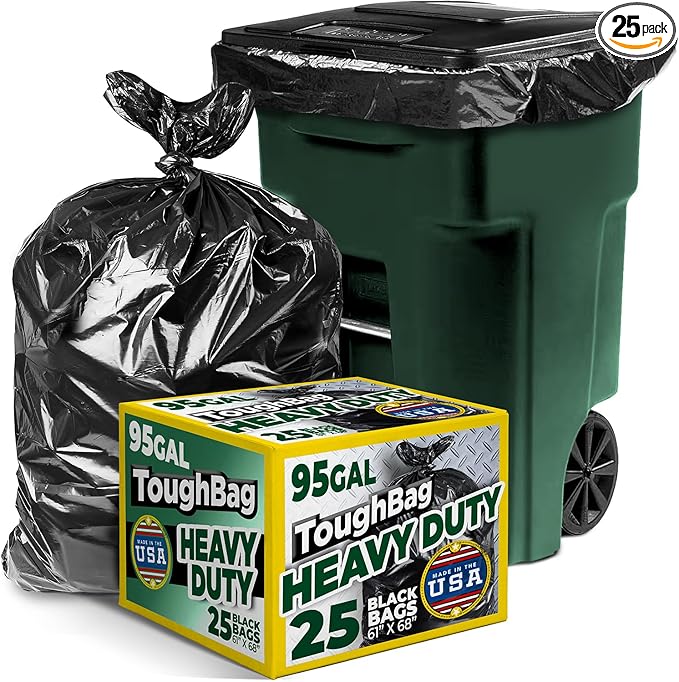 ToughBag 95-96 Gallon Trash Bags Heavy Duty (25 Count) - Extra Large Black Garbage Can Liners for 90-100 Gallon Cans - Made in USA