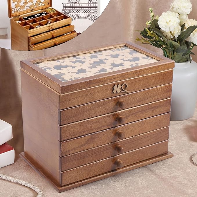 Jewelry Storage Organizer, 6 Layers with 5 Drawers Large Jewelry Organizer Wooden Storage Box Case for Woman (Brown type2)