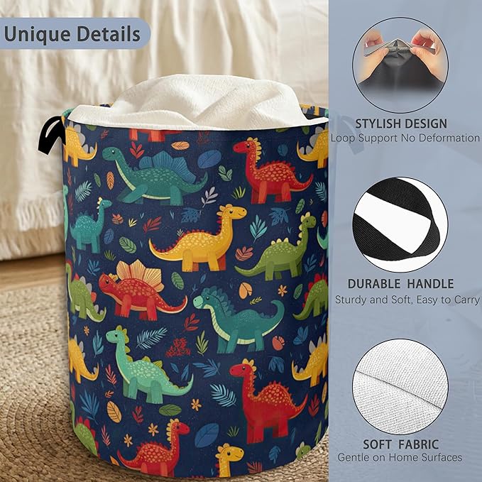 Cute Dinosaur Laundry Hamper,Fern Plants Dirty Clothes Laundry Basket with Handles Waterproof Oxford Cloth Storage Basket for College Dorms Bathroom Bedroom 16" x 20.8"