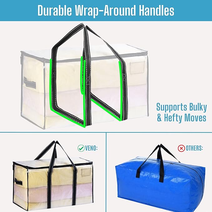 VENO 2 Pack Clear Moving Bags Christmas Storage Bags, Large Storage Bins with Lids, Heavy Duty Holiday Decor Organizers Moving Boxes Tote Packing Garland Ornament Supplies for College Dorm Clothes