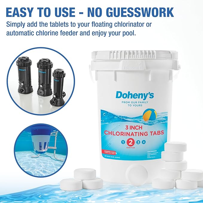 Doheny’s 3-Inch Stabilized Chlorine Tablets for Sanitizing Swimming Pools | 99% Pure Tri-Chlor, 90% Available Chlorine | Long-Lasting, UV-Protected, Slow-Dissolving | Individually Wrapped 10lb Bucket