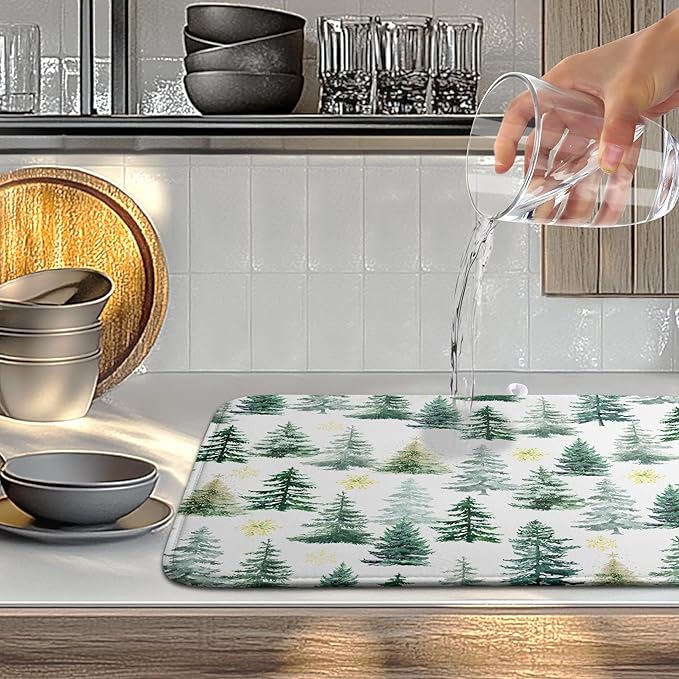 Christmas Trees Dish Drying Mat 18x24 Inch Large Size Winter Dish Dry Mats Microfiber Snowflake Absorbent Drying Pad for Kitchen Counter Forest Kitchen Decor Coffee Bar