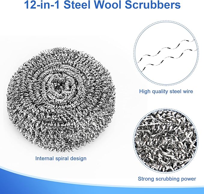 ovwo 12Pack Upgraded Steel Wool Scrubbers - Premium Stainless Steel Scrubber, Metal Scouring Pads, Steel Wool Pads, Kitchen Cleaner, Heavy Duty Cleaning Supplies - Especially for Tough Cleaning