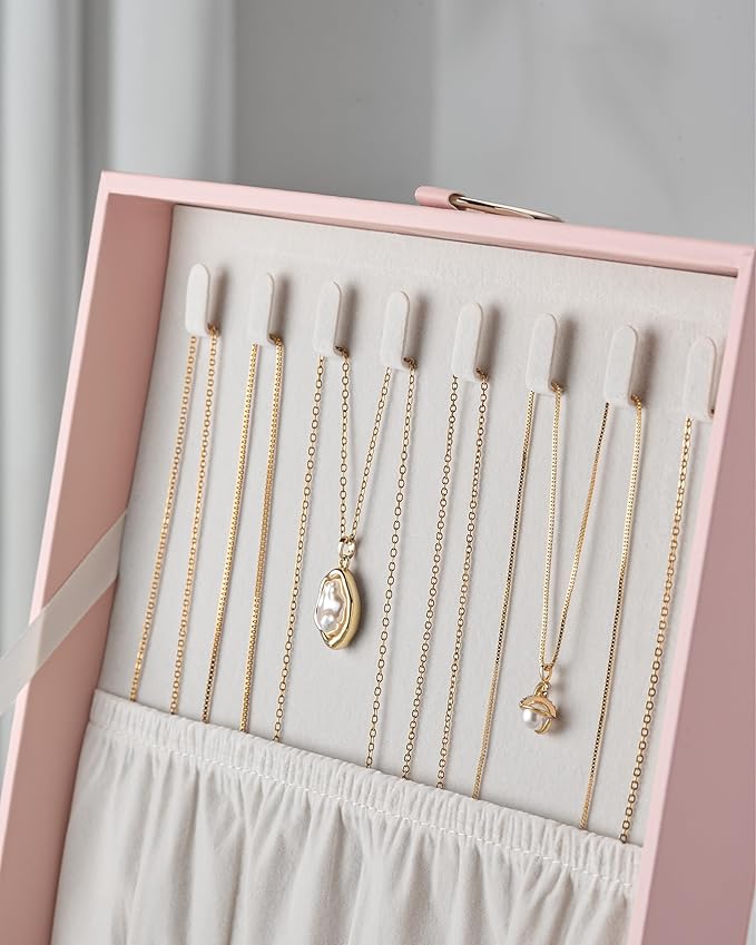 pickpiff 2 Layer Jewelry Box Organizer for Women, Jewelry Organizer with Handle & Removable Tray, Necklace Holder Ring Earring Storage, Velvet Lined Jewelry Case for Home or Travel, Gift Ready, Pink