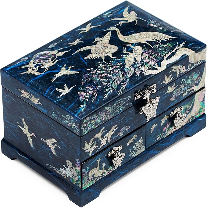 MADDesign Mother of Pearl Lacquered Jewelry Box Two Level Cranes Blue