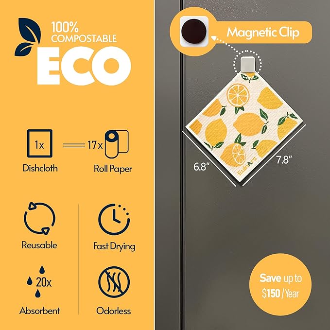 Eulnars Swedish Dishcloths for Kitchen, 8 Pack Reusable Paper Towels with Clips, Non-Scratch Swedish Dish Towels, Super Absorbent Cellulose Sponge Cloths, Eco Friendly Gifts