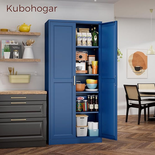71" Metal Pantry Cabinet, Tall Kitchen Pantry Storage Cabinet with 4 Adjustable Shelves and Gold Handles, Blue Cupboard for Kitchen, Dining Room, Living Room