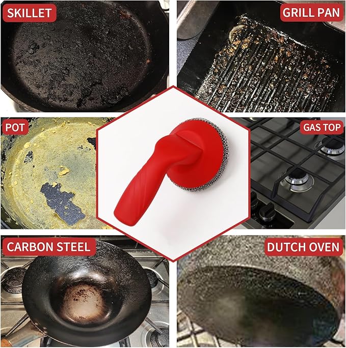 Cast Iron Cleaner Scrubber with Handle -3mm Welded Chain Mail Cast Iron Grill Scrubber Brush-Chainmail Sponge Scrub Cleaning Tool to Clean Skillets, Pan,Griddle, Wok