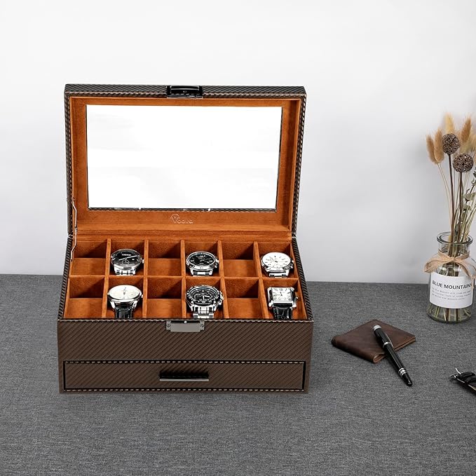 Voova Jewelry Box Watch Boxes Organizer for Men Women,2 Layer Large 12 Slot PU Leather Watch Storage Case,Glass Top Jewelry Display Holder for Watches Sunglasses Rings Necklaces Bracelets,Coffee+Brown