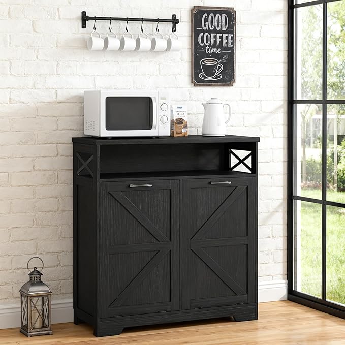 Double Tilt Out Trash Can Cabinet for 13 * 2 Gallon Garbage Can, Farmhouse Kitchen Garbage Trash Bin for Hidden Laundry Basket, Dual Dog Proof Recycling Cabinet for Dining Living Room, Black