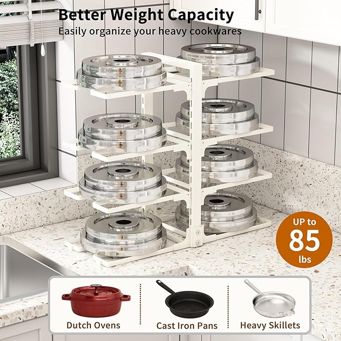 Fovkdcvw Adjustable Pots and Pans Organizer Under Cabinet, 8-Tier Pot and Pan Organizers Inside Cabinet, Kitchen Cabinet Organizers and Storage, White
