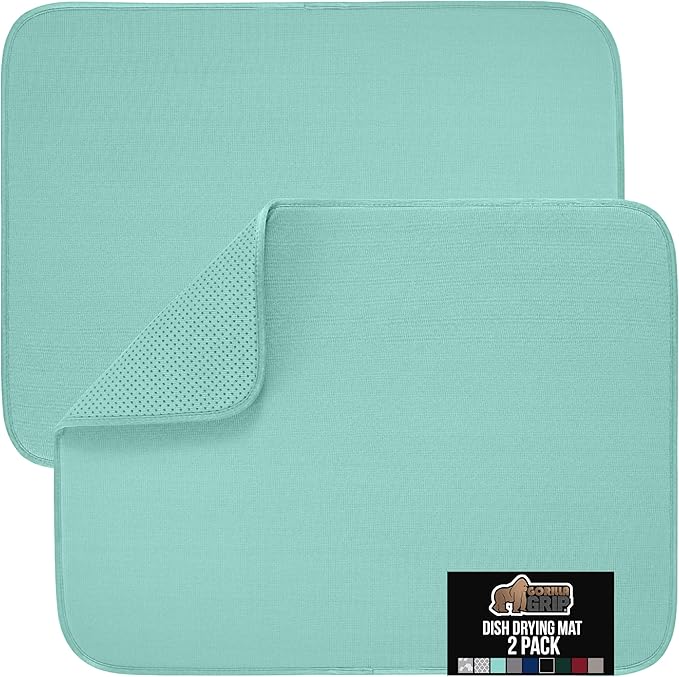 GORILLA GRIP Ultra Water Absorbent Microfiber Dish Drying Mat 2 Pack, Quick Dry Thick Mesh, Slip Resistant Pad for Sink Dishes or Under Rack, Kitchen Counter Accessories, Machine Wash, 18x16, Mint