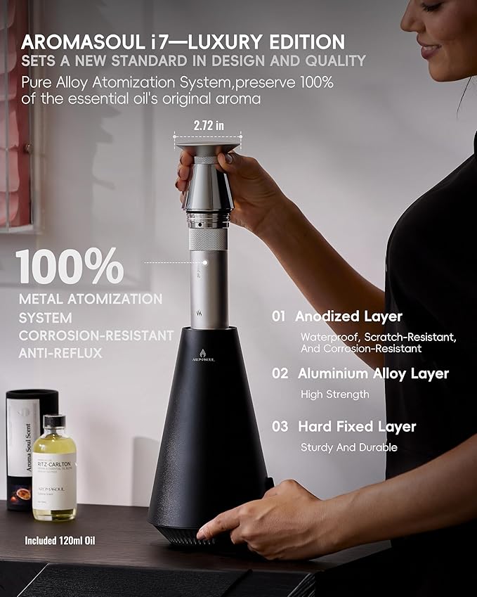 Waterless Scent Diffuser Starter Kit - 1500 Sq Ft Coverage, Alloy Atomization System,Mood Light,Smart Rechargeable Hotel Scent Diffuser, Including 120ml Essential Oil, for Home,Large Room,Spa,Black