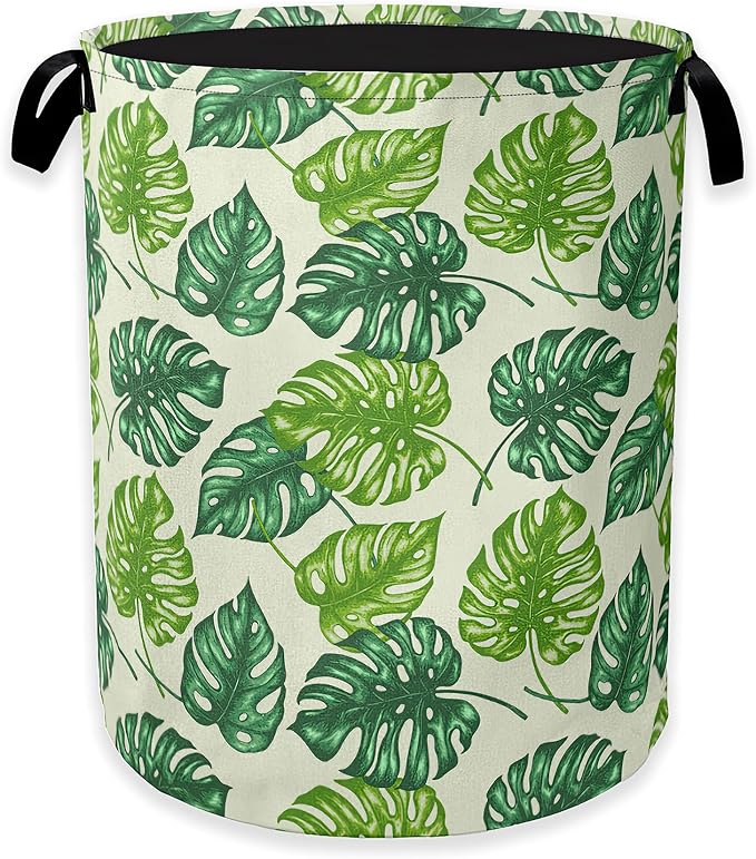 Collapsible Laundry Basket,Tropical Palm Leaves Dirty Clothes Hamper,Green Leaf Hampers for Bedroom Waterproof Oxford Cloth Storage Organizer for Bathroom,Nursery,Dorm,16x20 Inch