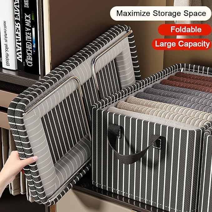 4PCS Closet Clothes Organizer Dustproof Sturdy Storage Baskets Bins 26L Foldable Shelf Containers Bin Support Boards Dust Lid Steel Frame for Sweater Pants T-shirt Dress (Black-white Stripes - No Lid)