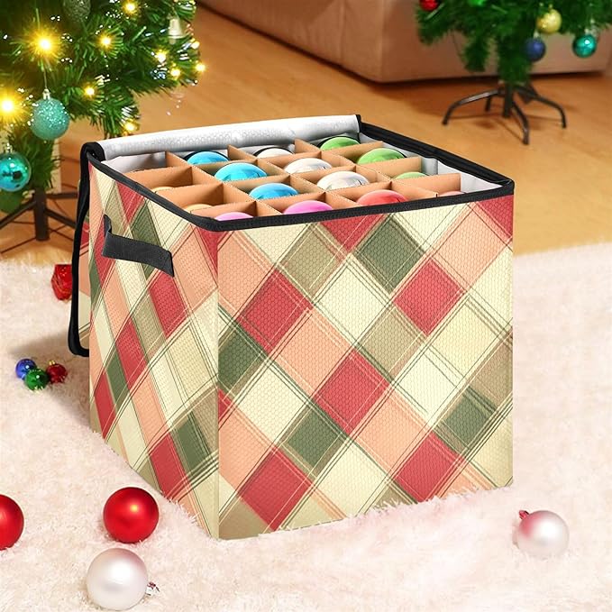 Red and Green Plaid Christmas Ornament Storage Box, Hold 64 Holiday Ornament 3”, Adjustable Dividers Handle Zipper Storage Container, Xmas Decoration Accessories