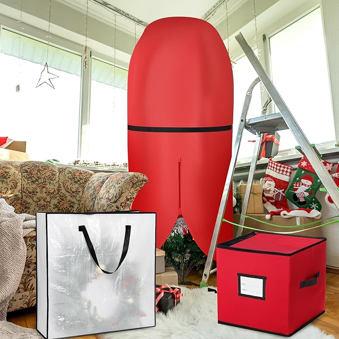 SATINIOR 6 Pcs Upright Christmas Tree Storage Bag Set 5 Ft Christmas Tree Storage Bag 26" Xmas Wreath Containers 11.8" Ornament Bags with Dividers Hold 64 Balls for Artificial Trees Garland(Red)