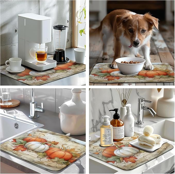 Wnoesat Fall Pumpkin Maple Leaf Dish Drying Mat for Kitchen Counter 16x18 Inch Vintage Autumn Leaves Thanksgiving Drying Mat Seasonal Ultra Absorbent Dish Drainer Rack Mats for Coffee Bar Kitchen