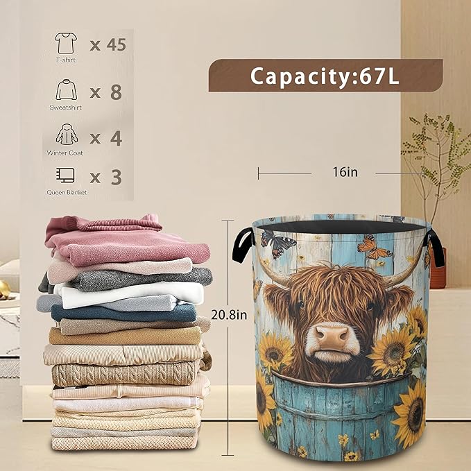 Large Laundry Basket,Highland Cow Collapsible Laundry Baskets,Sunflower Butterfly Waterproof Oxford Hamper with Handles for Bathroom Bedroom Nursery Home Storage 16"x20"